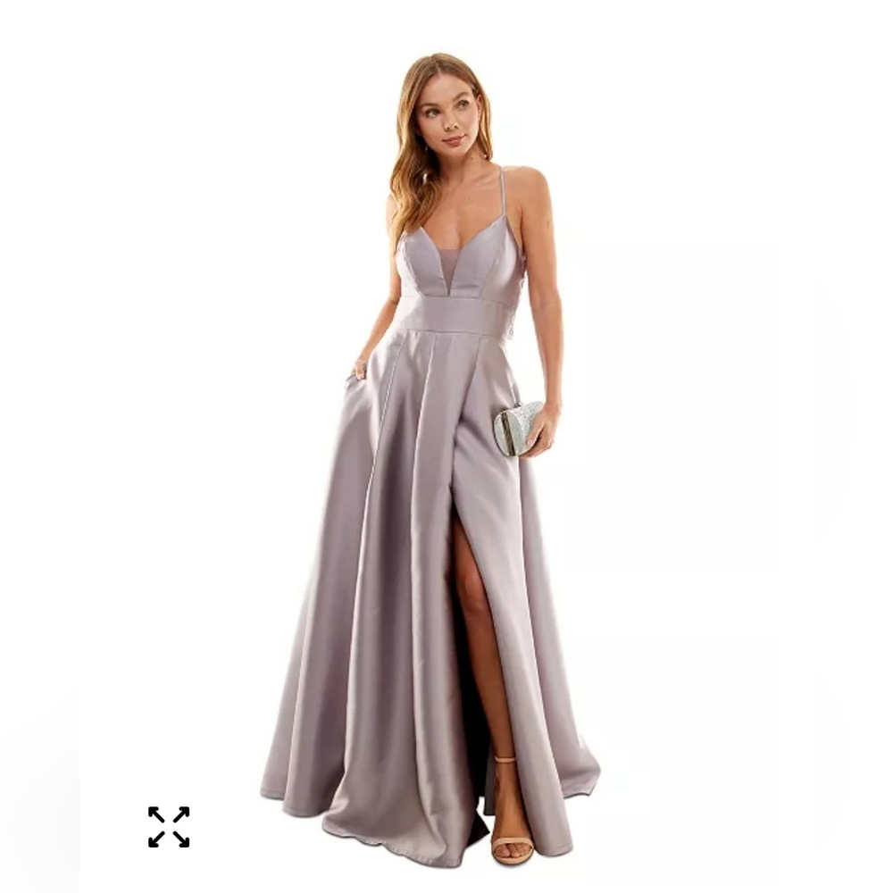 Juniors' Crochet Back Illusion Detail Satin Gown